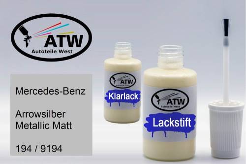 Mercedes-Benz, Arrowsilber Metallic Matt, 194 / 9194: 20ml Lackstift + 20ml Klarlack - Set, von ATW Autoteile West.